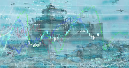 Financial data processing against bulldozer working on landfill with birds in the sky. finance and economy conceptの写真素材