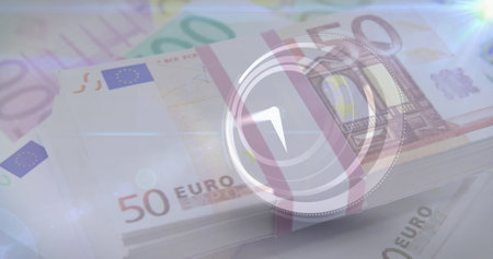 Image of a clock spinning over multiple euro bills. Digitalinterface global finance and business concept digitally generated image.の写真素材