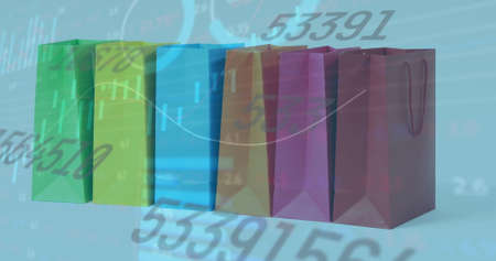 Image of numbers changing and financial data processing over row of shopping bags. global business...