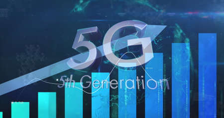 Image of 5g 5th generation text over statistics processing with blue arrow pointing up. global...