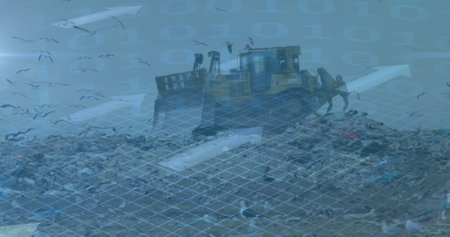 Image of financial data processing over a garbage dump. digitalinterface global finance and business concept digitally generated image.の写真素材