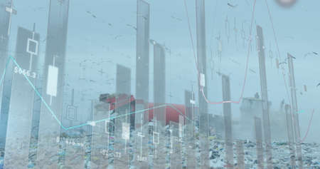 Image of financial data processing over a garbage dump. Digitalinterface global finance and business...