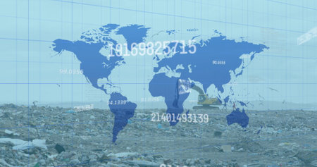 Image of financial data processing with a world map over a garbage dump. Digitalinterface global...