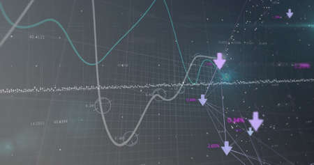Image of lines and numbers changing, arrows and data processing over grid. global business and...