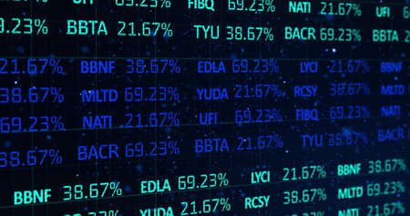 Image of blue financial shares interface scrolling on a dark cosmos background. communication...