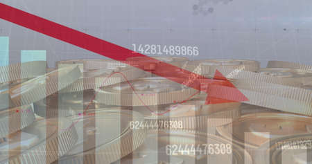 Image of numbers changing and data processing red arrow pointing down over gold coins. global...