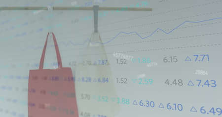 Image of numbers changing and statistics recording over two shopping bags. global business and...