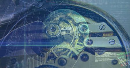 Image of financial data processing with globe spinning over machine parts. digitalinterface global...