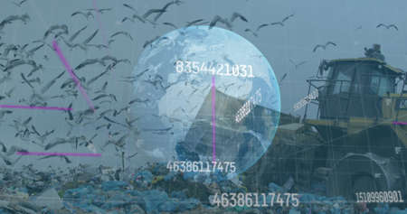 Image of financial data processing with a globe over a garbage dump. Digitalinterface global finance...