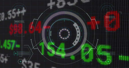Image of scope scanning and stock exchange financial data processing. global business and finance...