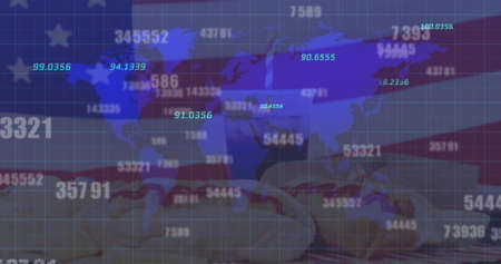Image of numbers changing over world map and american flag. Digital interface global finance and...