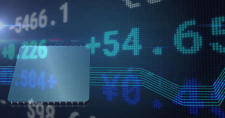 Image of financial data processing over computer chip and blue links. digital interface global...