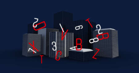 Image of falling numbers and letters over cityscape. global business, finances, digital interface and connections concept digitally generated image.の写真素材
