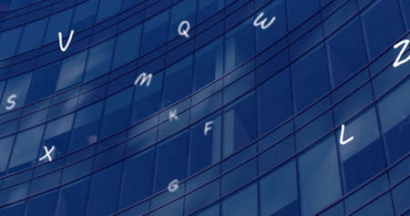Image of falling letters over cityscape. global business, finances, digital interface and...