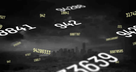 Image of falling numbers over cityscape. global business, finances, digital interface and...
