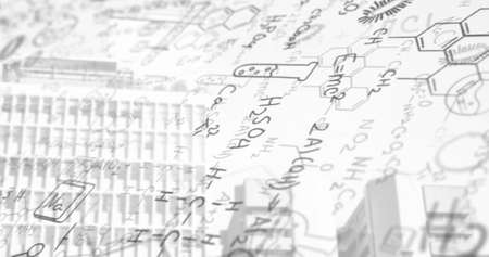 Image of mathematical formulas over cityscape. global business, finances, digital interface and connections concept digitally generated image.の写真素材
