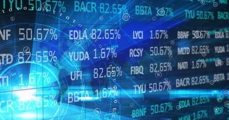 Image of financial data processing over scopes scanning. global finance and business, connections...