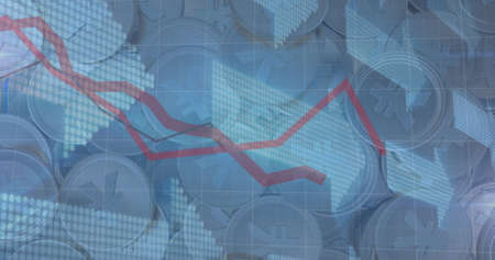 Image of financial data processing with red red lines and arrows over japanese yen coins. global...