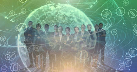 Image of network of connections with icons and globe over group of businesspeople. global business,...