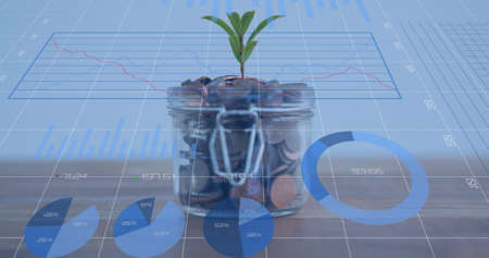 Image of financial data processing over jar with plant full of coins. global finance and business,...
