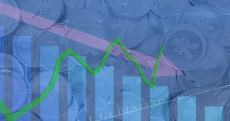 Image of financial data processing with red arrow descending over japanese yen coins. global finance...