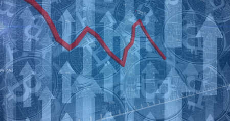 Image of financial data processing with red lines and arrows pointing up over bitcoins. global...