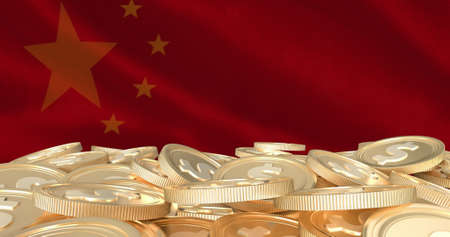Image of chinese flag waving over gold american dollar coins. global finance and business concept digitally generated image.の写真素材