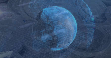 Image of globe of connections spinning over american dollar coins. global finance and business, connection concept digitally generated image.の写真素材