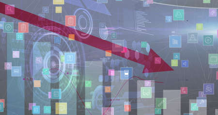 Image of statistics with red arrow pointing down and digital icons. global finances and business,...