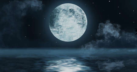 Image of a black silhouette of Santa Claus in sleigh being pulled by reindeers with full moon in the background. Christmas festivity concept digitally generated image.の写真素材
