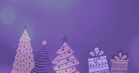 Image of lights spots over christmas tree and gifts pattern. christmas, tradition and celebration concept digitally generated image.の写真素材