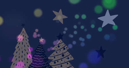 Image of stars and christmas tree pattern on dark background. christmas, tradition and celebration concept digitally generated image.の写真素材
