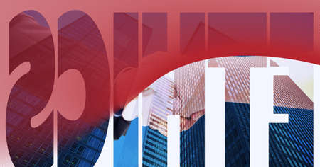 Composition of word ethics over cityscape with red curved border. business, success and connections concept digitally generated image.の写真素材