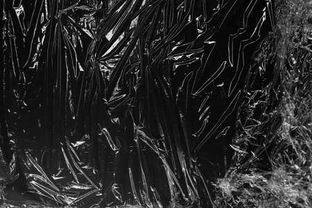 Reflecting light and shadow on creases and folds in scrunched plastic foil on black background. monochrome light and texture, abstract background image.の写真素材