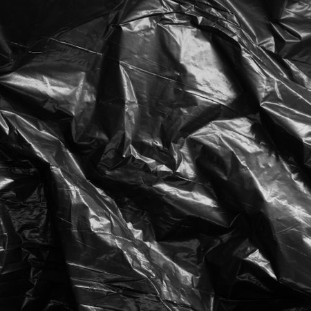 Reflecting light and shadow on creases and folds in black plastic sheeting. monochrome light and texture, abstract background image.の写真素材