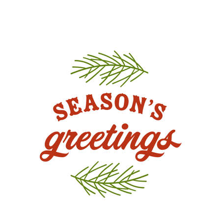 Composition of seasons greetings text and christmas pine sprig on white background. christmas, winter, tradition and celebration concept digitally generated image.の写真素材