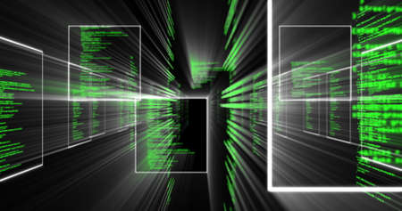 Image of data processing and digital information flowing through network of interactive screens on black background. Global network and data processing concept digitally generated image.の写真素材
