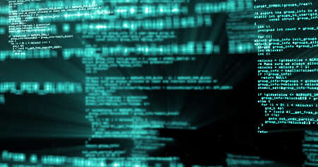 Image of data processing and digital information flowing through network of interactive screens on...
