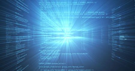 Image of data processing and digital information flowing through network of interactive screens on blue background. Global network and data processing concept digitally generated image.の写真素材