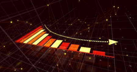 Digital image of statistical data processing and network of connections against red background. computer interface and global finances concept.の写真素材
