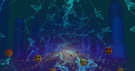 Image of emoji icons over digital interface 3d blue glowing architectural model of cityscape. Global...
