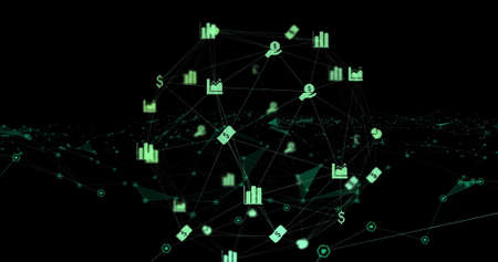 Digital image of globe of finance icons spinning against network of connections on black background....