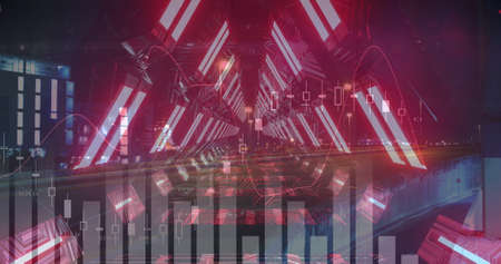Image of digital interface financial data processing with network of connections in red glowing tunnel. Global technology and network of connections concept digitally generated image.の写真素材