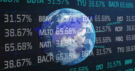 Image of stock exchange financial data processing over planet Earth. Global business finances networking concept digitally generated image.の写真素材