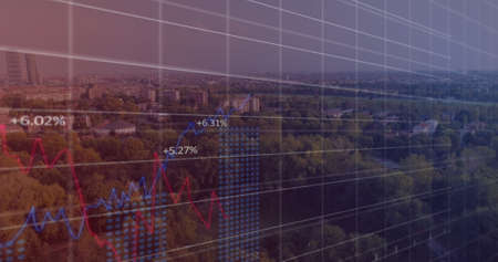 Image of financial data over landscape with city and trees in the background. Global business...