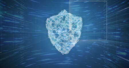Image of digital interface online security shield over moving light trails on blue background. Global technology data security finance business concept digitally generated image.の写真素材