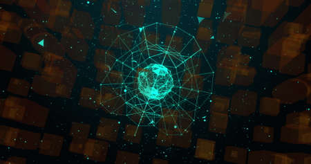 Image of spinning globe with network of connections over digital interface 3d architectural model of...