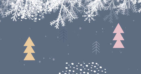 Image of fir tree and snow falling over trees on grey background. christmas, tradition and celebration concept digitally generated image.の写真素材