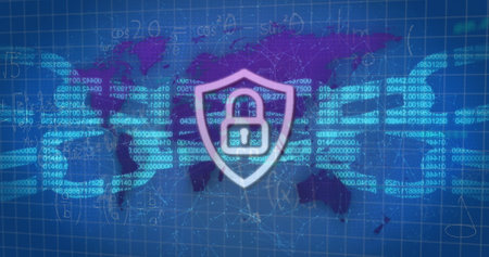 Image of digital interface online security padlock and chains over flickering world map in...