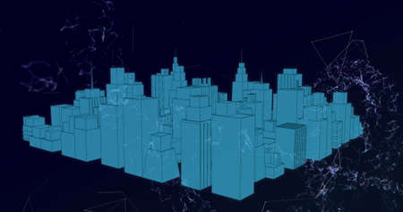 Image of digital interface spinning 3d blue glowing architectural model of cityscape over network of...